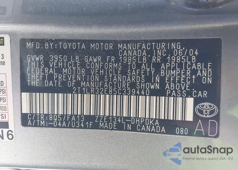 2005 Toyota Matrix z USA, uszkodzony, nr VIN 2T1LR32E85C339440